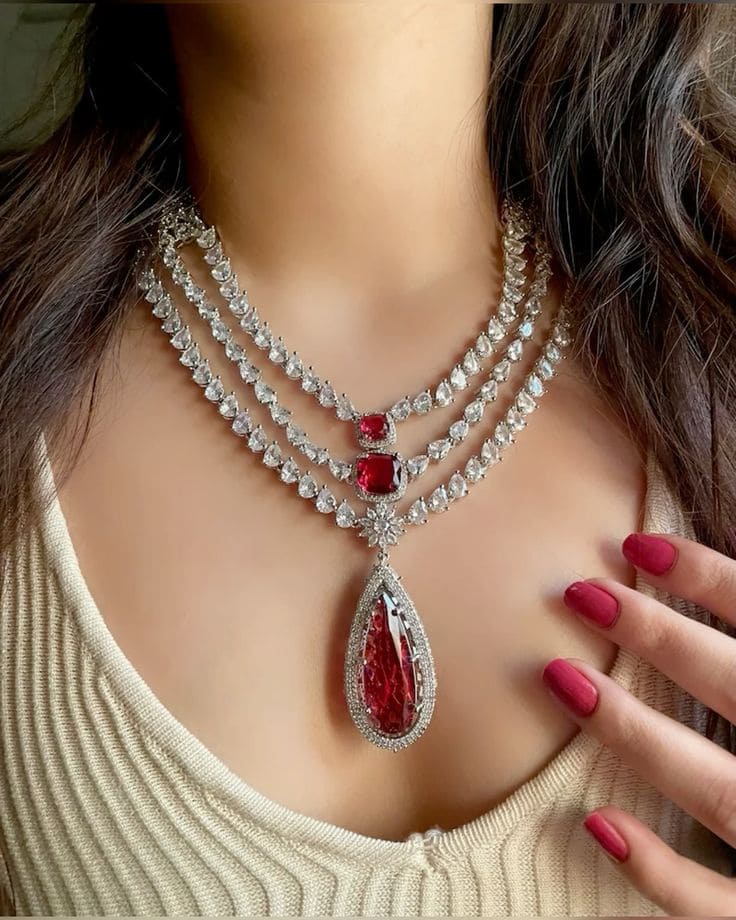 Radiant Sparkle Artificial AD Stone Necklace with Earrings RED
